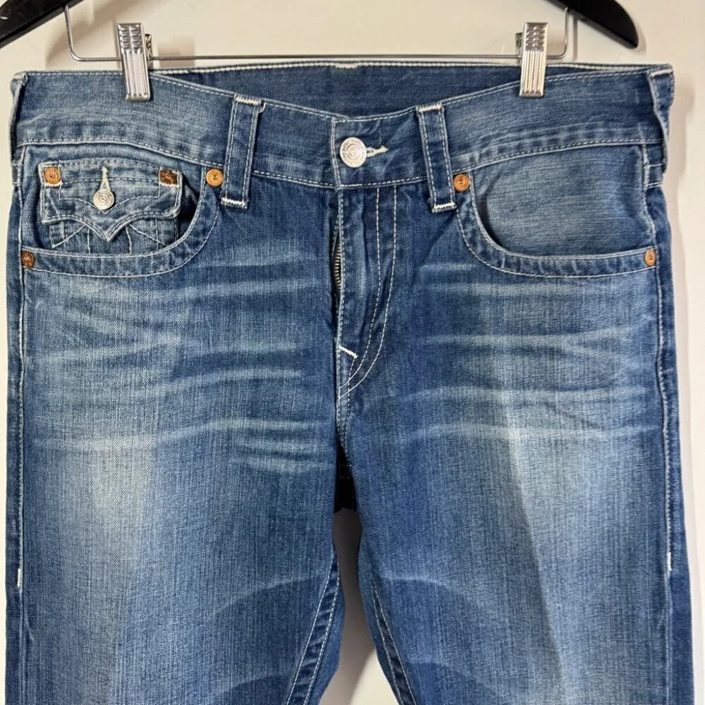 True Religion  Blue Straight Leg Distressed Denim Classic Stitch Jeans Size 34